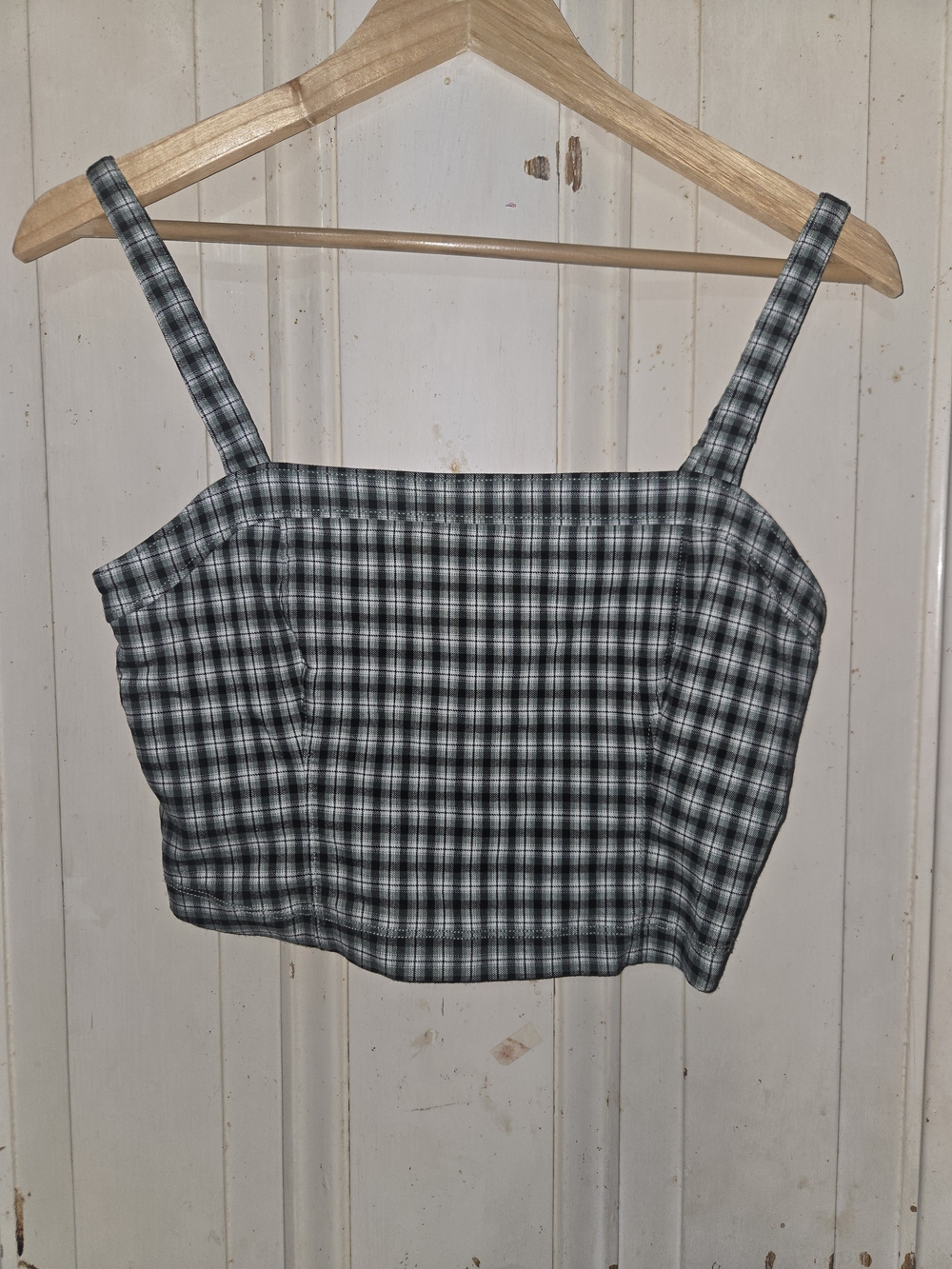 Hollister Green, Black and White Gingham Plaid Square-Neck Crop Camisole